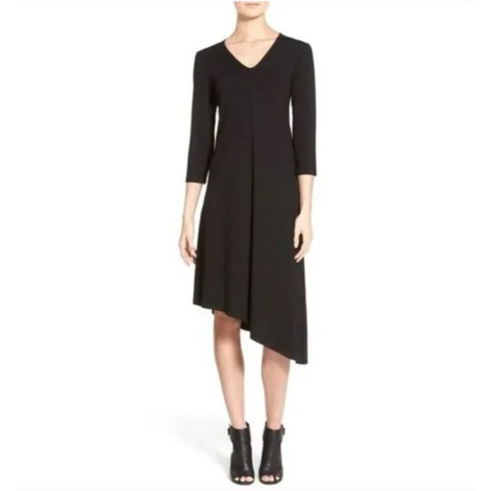 Eileen Fisher Black Viscose Jersey V-Neck Asymmetrical Hemline Dress Size Small